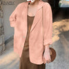 2022 Cotton Linen Coat Womens Autumn Blazer ZANZEA Solid Long Sleeve Cardigans OL Casual Loose Elegant Outwear