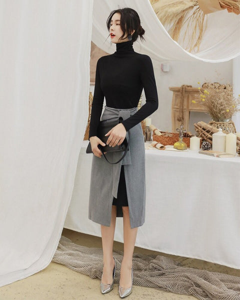 2022 Elegant Female Long Sleeve Black Blouse Skirt Outfit Two Piece Set Women Clothing Office Suit