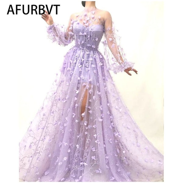 2023 Floral Long Sleeve Women Autumn Long Party Dress  Sexy Mesh Tulle Purple Maxi Dress Vestidos De Mujer