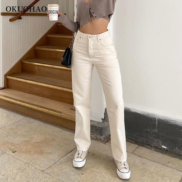 2022 Jeans Women Straight Leg Mom Pants White Loose High Waist Baggy Jean Wash Trousers Cotton Classic Female Denim Pant