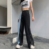 2022 Side Covered Button Slit Wide Leg Denim Pants Women Loose Casual Streetwear Color Block Patchwork Vogue Trousers