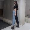2022 Side Covered Button Slit Wide Leg Denim Pants Women Loose Casual Streetwear Color Block Patchwork Vogue Trousers