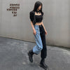 2022 Side Covered Button Slit Wide Leg Denim Pants Women Loose Casual Streetwear Color Block Patchwork Vogue Trousers