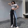 2022 Side Covered Button Slit Wide Leg Denim Pants Women Loose Casual Streetwear Color Block Patchwork Vogue Trousers