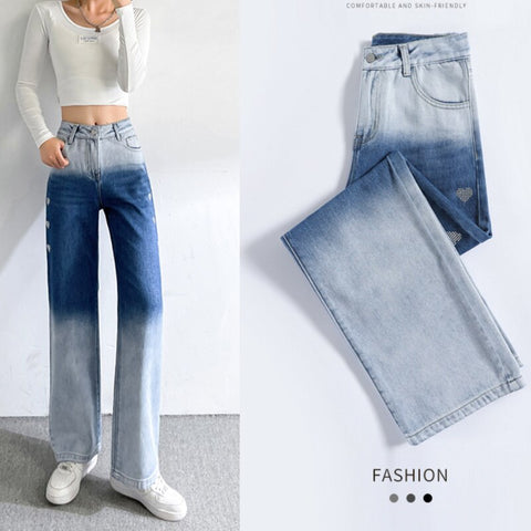2022 Woman Jeans Casual High Waist Wide Leg Denim Heart Blue Pants Streetwear Vintage Quality Harajuku Straight Pants