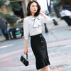2022 Women 2 Pieces Formal Professional Suit with Skirt and Blouse Tops with Bow Tie Female Office Ladies Shirt Suits