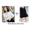 2022 Women 2 Pieces Formal Professional Suit with Skirt and Blouse Tops with Bow Tie Female Office Ladies Shirt Suits