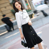 2022 Women 2 Pieces Formal Professional Suit with Skirt and Blouse Tops with Bow Tie Female Office Ladies Shirt Suits