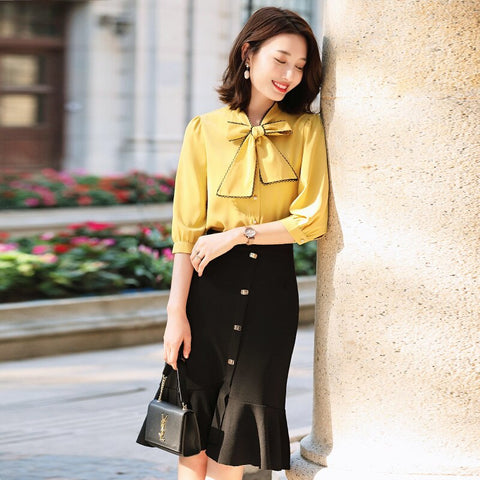 2022 Women 2 Pieces Formal Professional Suit with Skirt and Blouse Tops with Bow Tie Female Office Ladies Shirt Suits