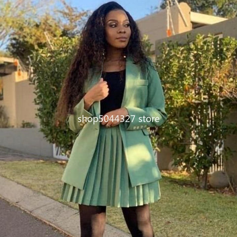 2023 Women Blazer And Pleated Skirt Set Long Sleeve Office Lady Solid Color Two Piece Suit Business Plus Size 3XL