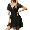 2022  Women Office Black Dress Summer  V-neck Pure Temperament Short Sleeve Dress Streetwear Women Dress Robe