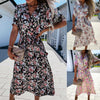 2022  Women'S Summer Dresses V-Neck Short Sleeve Waistband Floral Printed Large-Length Midi Dress Casual Daily Streetwear
