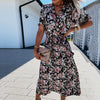 2022  Women'S Summer Dresses V-Neck Short Sleeve Waistband Floral Printed Large-Length Midi Dress Casual Daily Streetwear