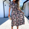 2022  Women'S Summer Dresses V-Neck Short Sleeve Waistband Floral Printed Large-Length Midi Dress Casual Daily Streetwear