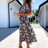 2022  Women'S Summer Dresses V-Neck Short Sleeve Waistband Floral Printed Large-Length Midi Dress Casual Daily Streetwear