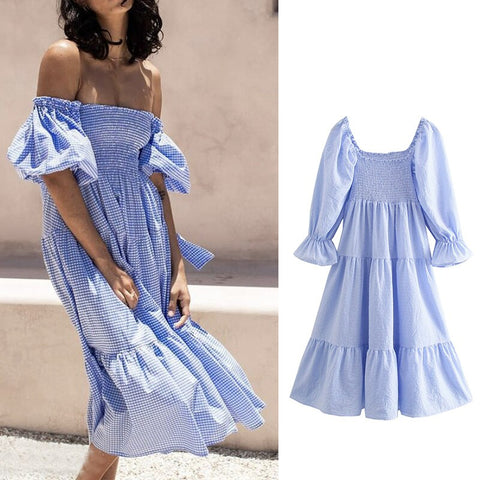 2022  Women Sky Blue Plaid Print Summer Dress Za Vintage Puff Short Sleeve Back Bow Ladies Midi Dress