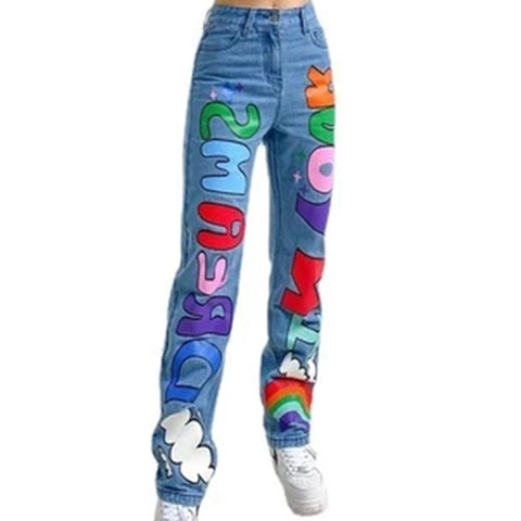 2022 Women's High Waisted Pants Stretch Wide Leg Bootcut Jeans Streetwear Loose Casual Trousers Alphabet Pattern Clothes