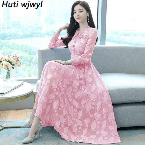 2022 Femal Chiffon Jacquard Midi Dress Spring Autumn  Vintage Plus Size Boho Beach Sundress Women Bodycon Party Maxi Vestidos