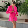 2022 Female Clothes Autumn Casual Women Long Sleeve Pocket Jacket Single Suit Neon Pink Blazer Dress Turn-down Collar Belt Coat