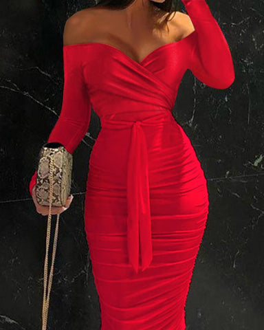 2022 Femme traf Elegant Skinny Party Robe Lady Formal Evening Clothing  Plain Lace Up Off Shoulder Midi Bodycon Dress