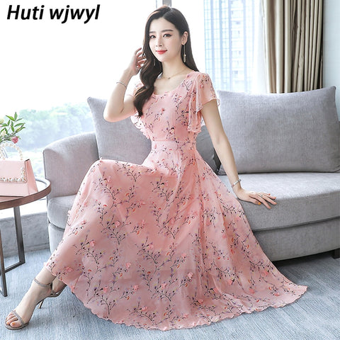 2022 Floral Chiffon Midi Dress Summer Print Vintage Elegant Women Bodycon Pink Party VestidosPlus Size Beach Boho Maxi Sundress