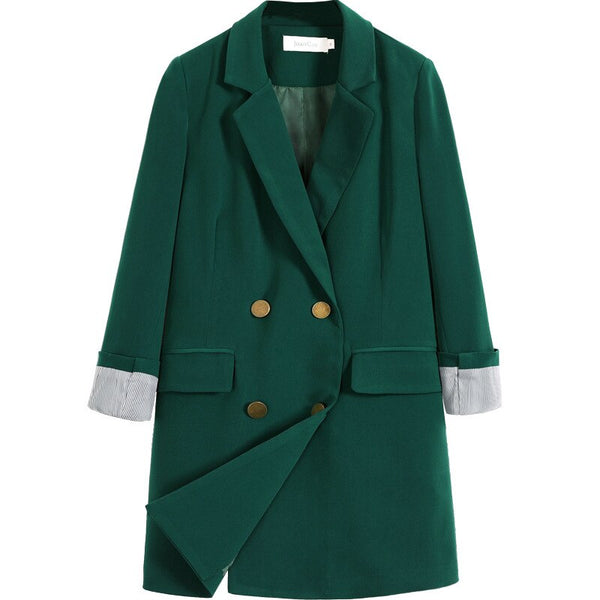 2022  Fabric Women's Office Suit Casual Double-breasted Mid-length Blazer Jacket Feminine Plus Size S-5XL