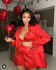 2022  Red Satin Three Pieces Suit Sexy Long Sleeves Celebrity Party Club Blazer Coat Crop Tops Short Set