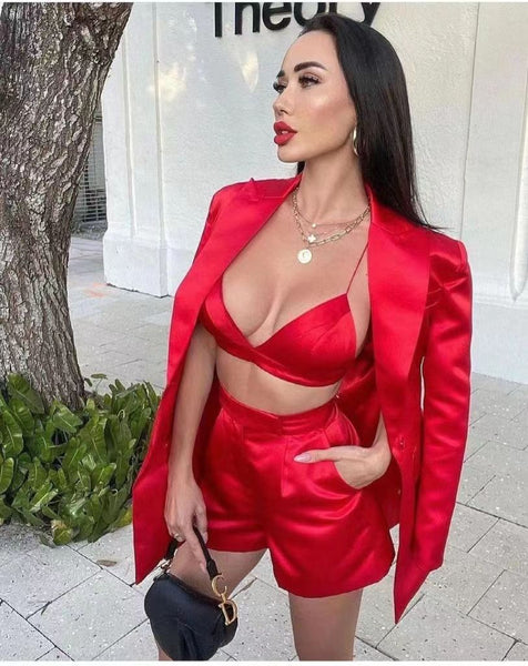 2022  Red Satin Three Pieces Suit Sexy Long Sleeves Celebrity Party Club Blazer Coat Crop Tops Short Set