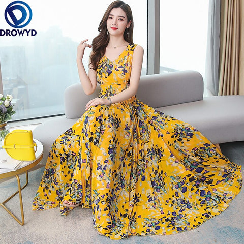 2022 High Quality Vintage Chiffon Boho Maxi Dress Summer Sleeveless v-neck Sexy Sundress Women Elegant Bodycon Party Vestidos