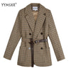 2022  Vintage Houndstooth Women Blazer Sashes Double-breasted Plaid Female Jacket Long Sleeve Pockets Blaser Suit
