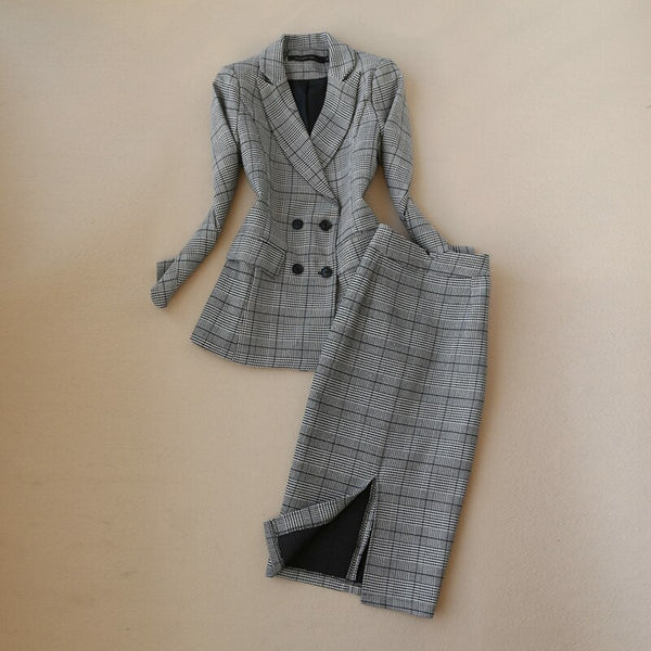 2022  Winter Women's Suits Skirt Set Slim-fit Double-breasted Plaid Ladies Jacket Casual High Waist Skirt Two-piece