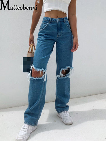 2022 Hole Ripped Distressed Straight Women's Jeans Oversize High Waist Baggy Boyfriend Punk Denim Pants Street Trousers