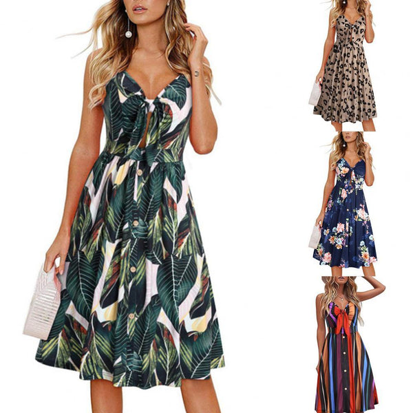 2023 Sales Women Dress Leaf Print Spaghetti Straps Summer V Neck Bow Buttons Dress for Party