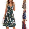 2023 Sales Women Dress Leaf Print Spaghetti Straps Summer V Neck Bow Buttons Dress for Party