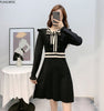 2022 Sales Womens Cute Feminine Vestidos Striped Ruffled Bow Tie Black Knitted Mini Sweater Dress D0640