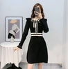 2022 Sales Womens Cute Feminine Vestidos Striped Ruffled Bow Tie Black Knitted Mini Sweater Dress D0640