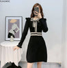 2022 Sales Womens Cute Feminine Vestidos Striped Ruffled Bow Tie Black Knitted Mini Sweater Dress D0640