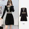 2022 Sales Womens Cute Feminine Vestidos Striped Ruffled Bow Tie Black Knitted Mini Sweater Dress D0640