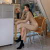 2022 Korean Autumn Winter Women V Neck Sweater Dress Elegant Solid Color Knitted Lace Up Bow Bodycon Split Long Dresses