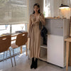 2022 Korean Autumn Winter Women V Neck Sweater Dress Elegant Solid Color Knitted Lace Up Bow Bodycon Split Long Dresses