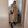 2022 Korean Autumn Winter Women V Neck Sweater Dress Elegant Solid Color Knitted Lace Up Bow Bodycon Split Long Dresses