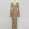 2022 Korean Autumn Winter Women V Neck Sweater Dress Elegant Solid Color Knitted Lace Up Bow Bodycon Split Long Dresses