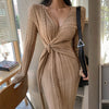 2022 Korean Autumn Winter Women V Neck Sweater Dress Elegant Solid Color Knitted Lace Up Bow Bodycon Split Long Dresses