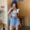 2022 Korean Denim Shorts Women High Waist Jean Shorts Light Blue Spliced Short Pants Women Summer Casual Jeans Pants 2022 K297