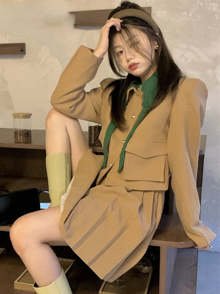 2023 Korean Two Piece Set Womens Lapel Collar Long Sleeve Tops High Waist Mini Pleated Skirt Solid Sets Female Autumn