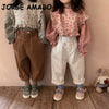 2022 Korean Style Autumn Kids Boys Girls Pants Loose Radish Haren Pocket Coffee Apricot Trousers Children Clothes E1219