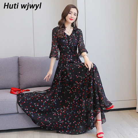 2022 Korean Women Bodycon Party Maxi Vestidos Summer Vintage Plus Size Boho Long Sundress Floral Chiffon Casual Beach Midi Dress