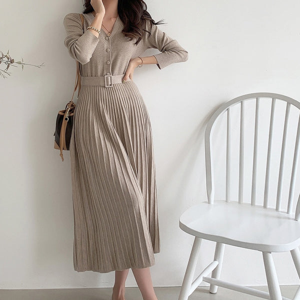 2022 LLZBM Elegant V-neck Single-breasted Women Thicken Sweater Dress Autumn Winter Knitted Belted Female soft dress