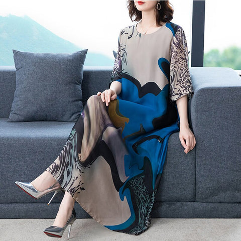2022 Loose Casual Print Mulberry Silk Maxi Dress Summer Vintage 4XL Plus Size Chiffon Dress Women Elegant Bodycon Party Vestidos