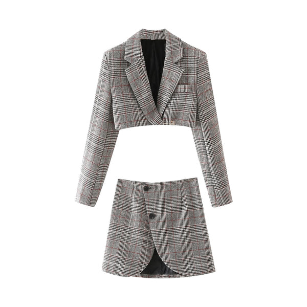 2022 Matching Set Houndstooth Blazer And Skirts Women England style Suits Navel Exposed Short Empire Blazer Lady Two Pieces Sets